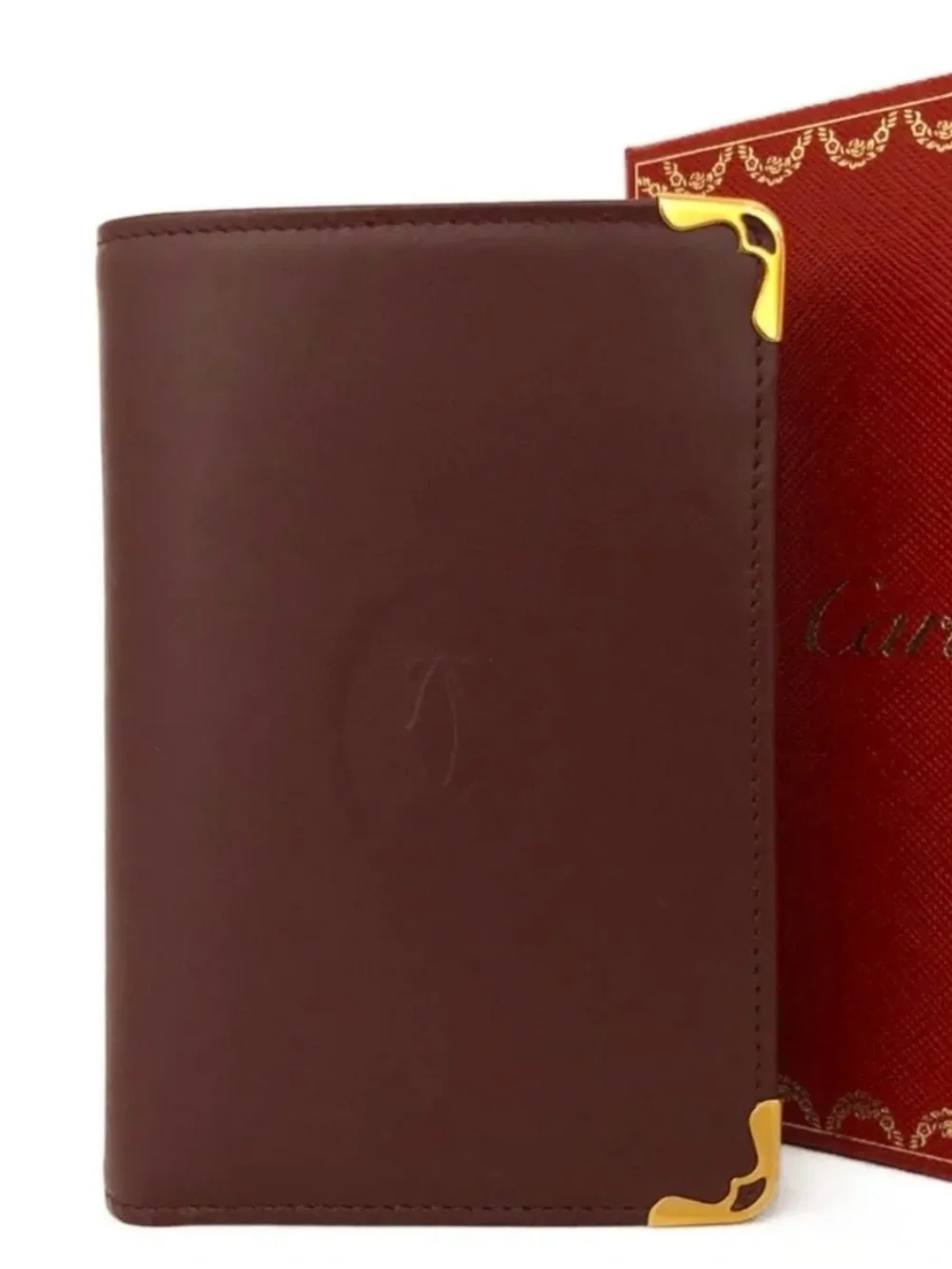 NIB Authentic Vintage Must de Cartier Burgundy Leather Trifold Wallet Gold